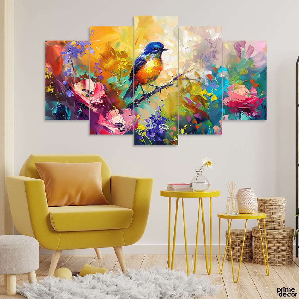 Beautiful Abstract Artwork Of A Bird With Colorful Flowers (5 Panel) Floral Wall Art