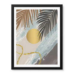 Black & Grey Tropical Leaves Over Gold Moon | Abstract Floral Artwork #00200