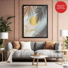 Black & Grey Tropical Leaves Over Gold Moon | Abstract Floral Artwork #00200