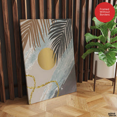 Black & Grey Tropical Leaves Over Gold Moon | Abstract Floral Artwork #00200