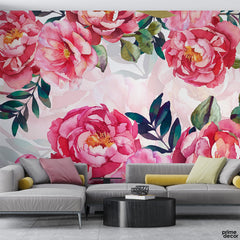 Watercolor Red Roses Macro Outline Style | Floral Wallpaper Mural