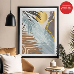 Black & Grey Tropical Leaves Over Gold Moon | Abstract Floral Artwork #00201