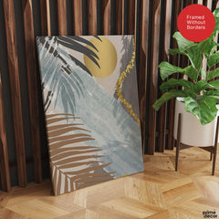 Black & Grey Tropical Leaves Over Gold Moon | Abstract Floral Artwork #00201