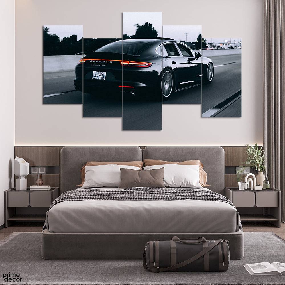 Black Porsche on Road Duotone (5 Panel) Cars Wall Art - Prime Décor