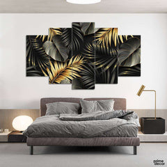 Black & Gold Tropical Leaves (5 Panel) Floral Wall Art - Prime Décor