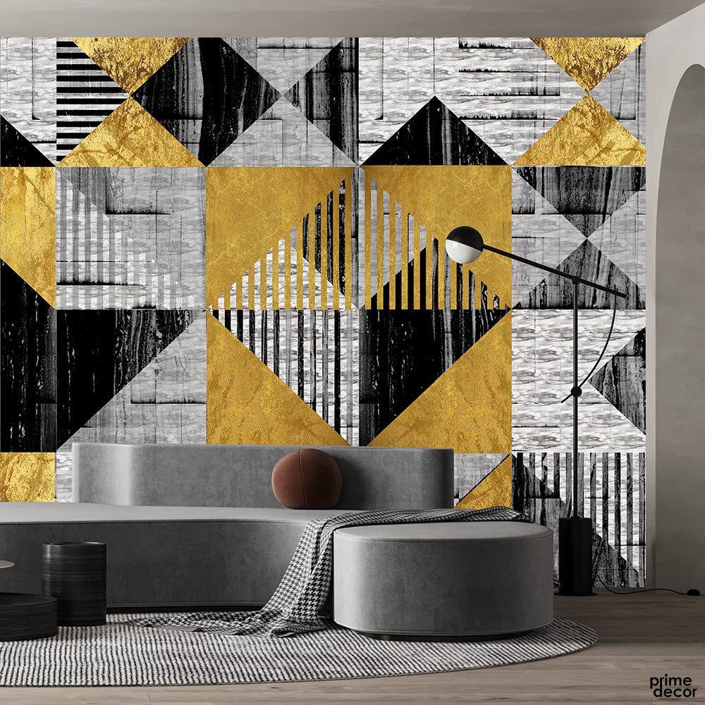Modern Gray & Yellow Geometric Polygonal Pattern | Nordic Wallpaper Mural - Prime Décor