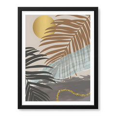 Black & Grey Tropical Leaves Over Gold Moon | Abstract Floral Artwork #00202