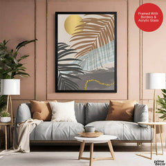 Black & Grey Tropical Leaves Over Gold Moon | Abstract Floral Artwork #00202