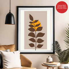 Beautiful Brown Tropical Leaves Over Gold Sun | Abstract Floral Artwork #00203