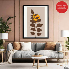 Beautiful Brown Tropical Leaves Over Gold Sun | Abstract Floral Artwork #00203