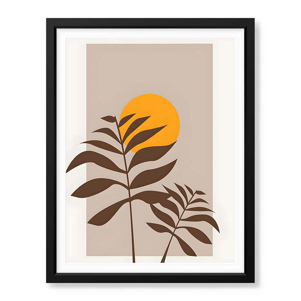 Beautiful Brown Tropical Leaves Over Gold Sun | Abstract Floral Artwork #00205 - Prime Décor