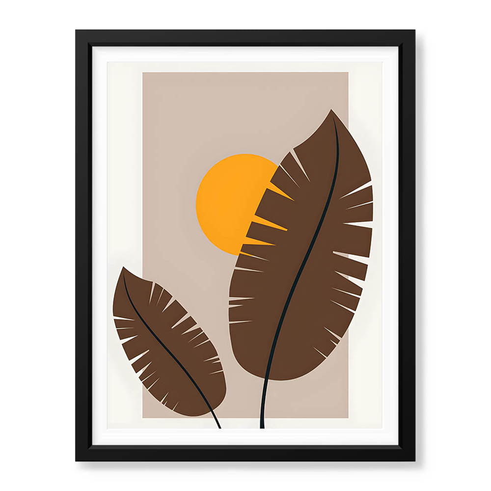 Beautiful Brown Tropical Leaves Over Gold Sun | Abstract Floral Artwork #00206 - Prime Décor
