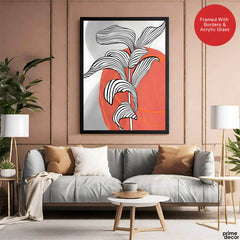 Black & White Tropical Leaves Over Orange & Grey Background | Abstract Floral Artwork #00208 - Prime Décor