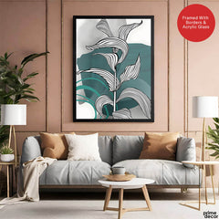 Black & White Tropical Leaves Over Green & Grey Background | Abstract Floral Artwork #00209 - Prime Décor