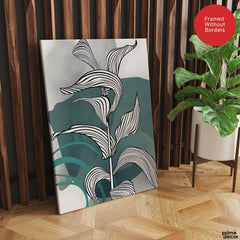 Black & White Tropical Leaves Over Green & Grey Background | Abstract Floral Artwork #00209 - Prime Décor