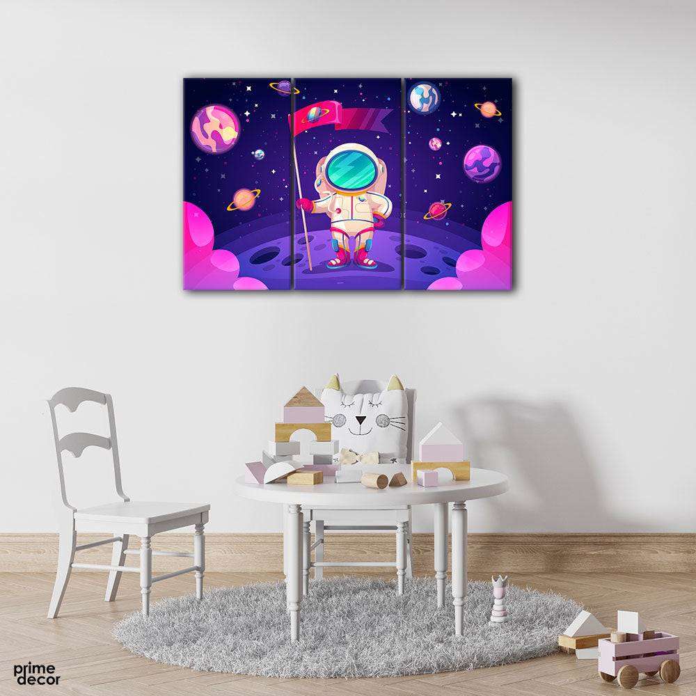 Astronaut Waving Flag at Moon (3 Panel) Kids Wall Art - Prime Décor
