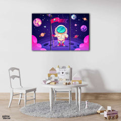 Astronaut Waving Flag at Moon (3 Panel) Kids Wall Art - Prime Décor