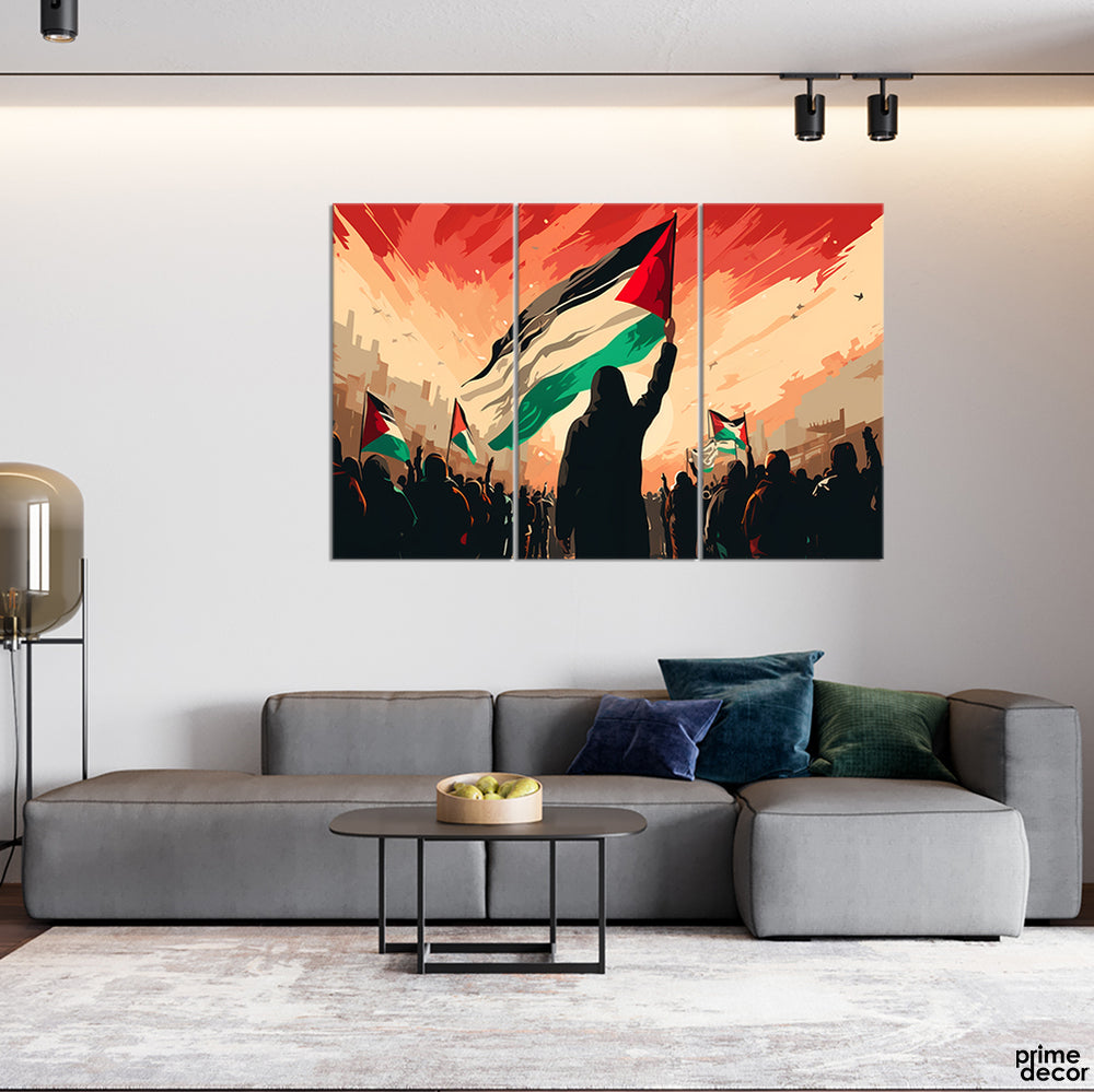 Palestine Liberation Resistance Holding Flags (3 Panel) Islamic Wall Art - Prime Décor