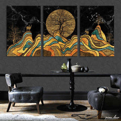Abstract Night Mountain Deer (3 Panel) Nordic Wall Art - Prime Décor