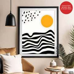Black & White Waves Design With Gold Moon Over White Background | Abstract Nature Artwork #00211 - Prime Décor