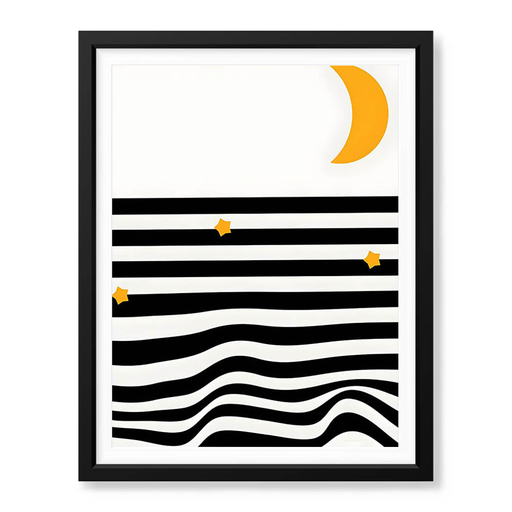 Black & White Waves Design With Gold Moon Over White Background | Abstract Nature Artwork #00212 - Prime Décor