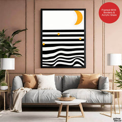 Black & White Waves Design With Gold Moon Over White Background | Abstract Nature Artwork #00212 - Prime Décor
