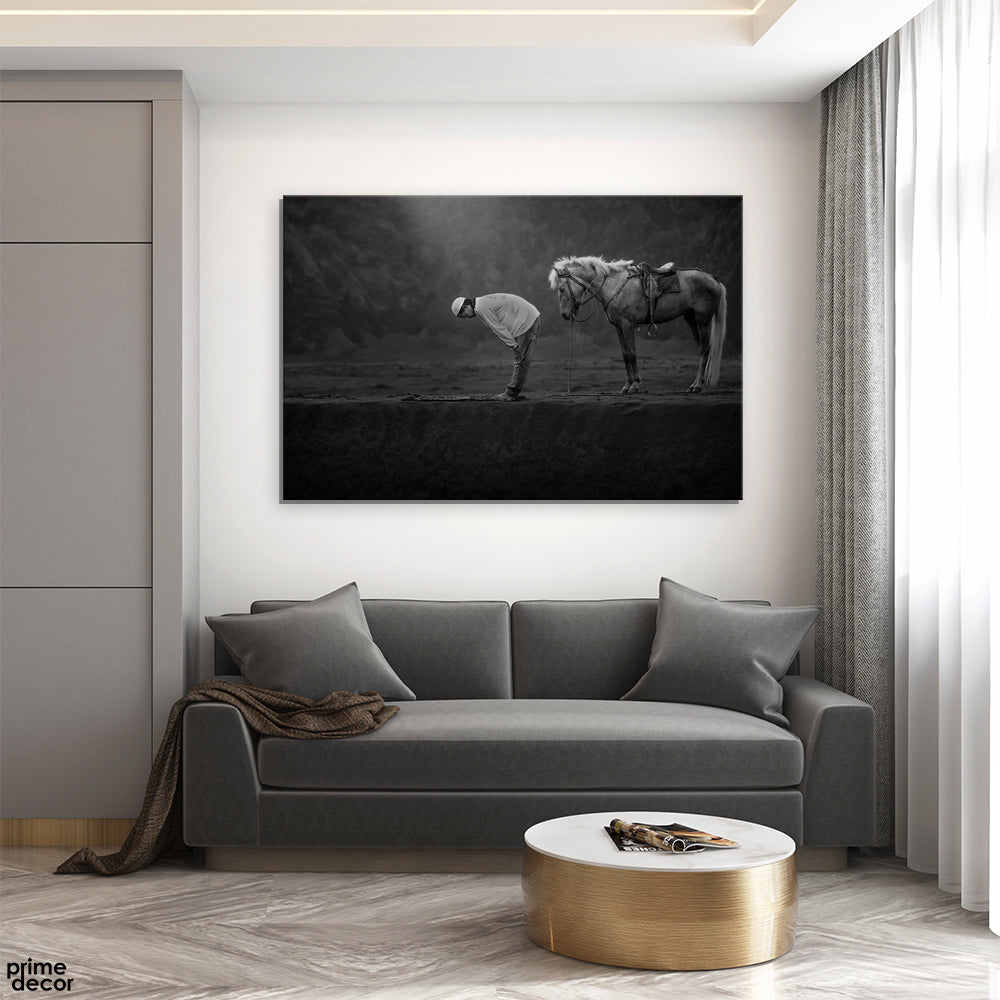 Man Praying Salah With Horse In The Background (Single Panel) Islamic Wall Art - Prime Décor