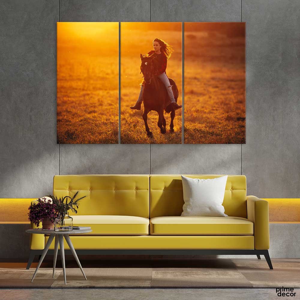 Girl Riding A Horse At Sunset (3 Panel) Animal Wall Art - Prime Décor
