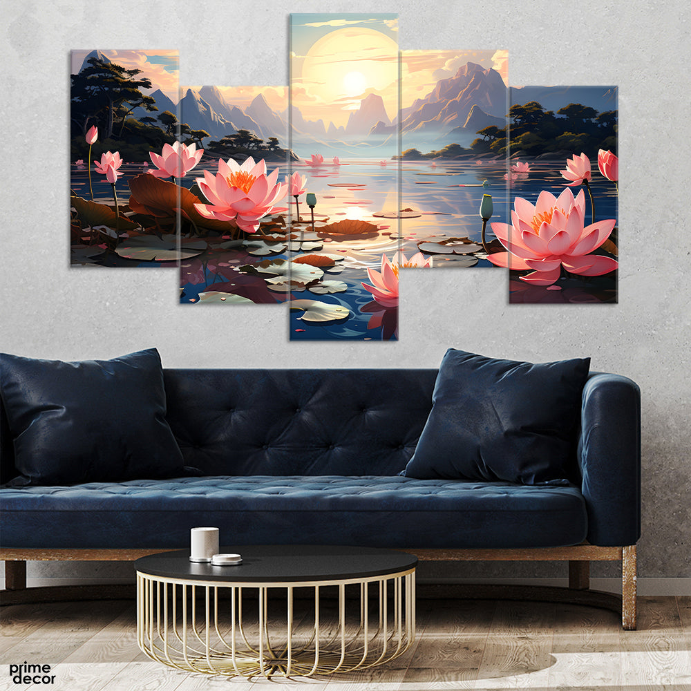 Beautiful Pink Flowers Floating In The River (5 Panel) Floral Wall Art - Prime Décor