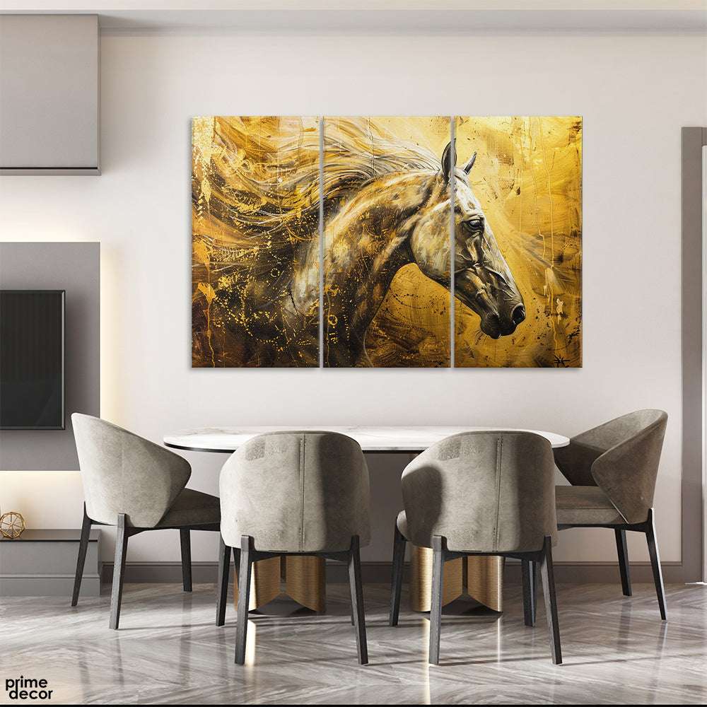 Abstract White Horse Over Golden Background (3 Panel) Animal Wall Art