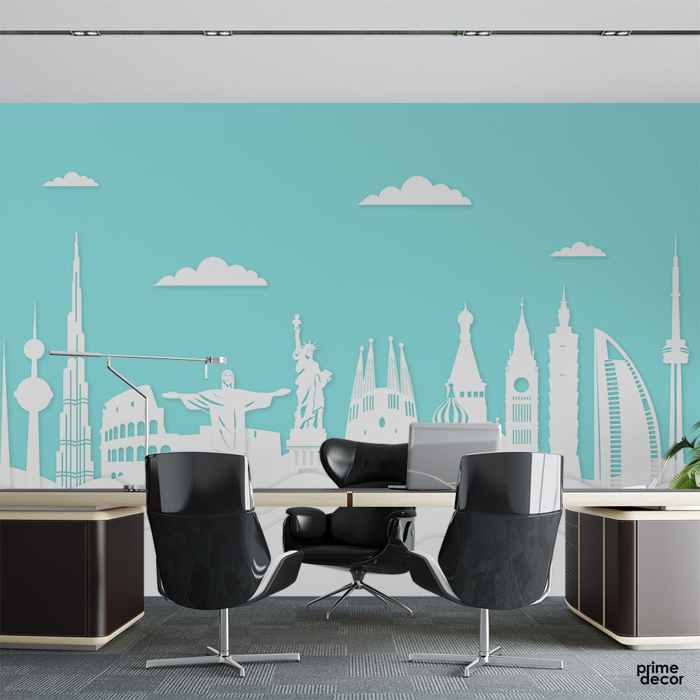 Paper Style Landmarks Skyline | Travel Wallpaper Mural - Prime Décor