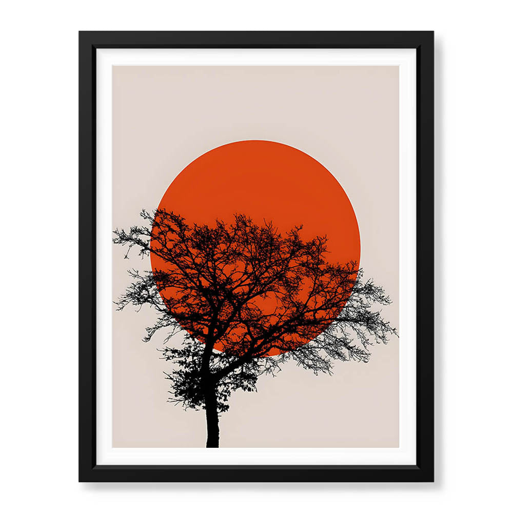 Beautiful Black Tree Over Red Sun With Beige Background | Abstract Floral Artwork #00226 - Prime Décor