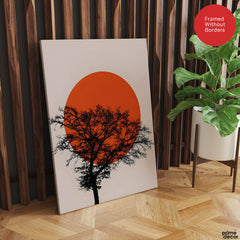Beautiful Black Tree Over Red Sun With Beige Background | Abstract Floral Artwork #00226 - Prime Décor