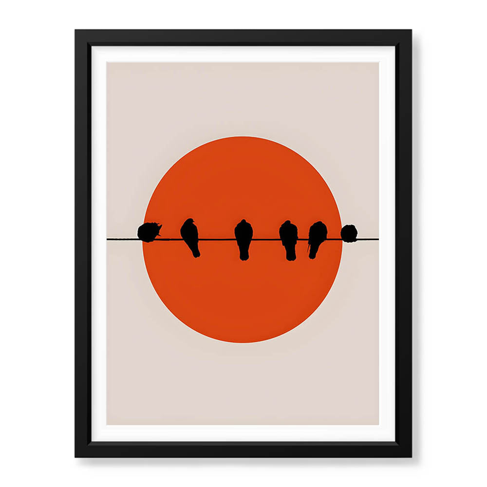 Beautiful Black Birds Over Red Sun With Beige Background | Abstract Nature Artwork #00227 - Prime Décor