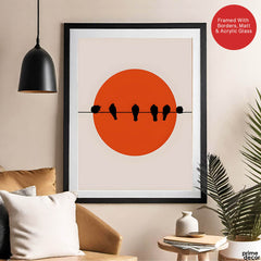 Beautiful Black Birds Over Red Sun With Beige Background | Abstract Nature Artwork #00227 - Prime Décor
