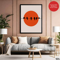 Beautiful Black Birds Over Red Sun With Beige Background | Abstract Nature Artwork #00227 - Prime Décor