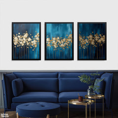 Sophisticated Royal Blue & Metallic Gold Petals (3 Panel) Abstract Wall Art