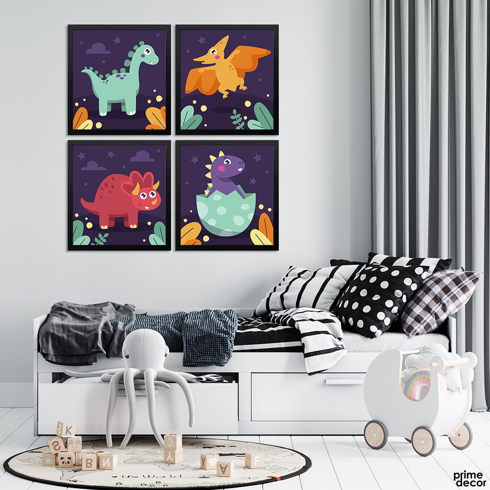 Cute Dinosaurs With Purple Background (4 Panel) Nursery Wall Art - Prime Décor