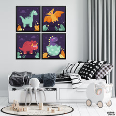 Cute Dinosaurs With Purple Background (4 Panel) Nursery Wall Art - Prime Décor