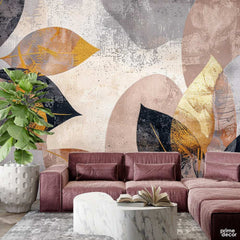 Beautiful Black & Gold Leaves Artwork Over Beige Background | Floral Wallpaper Mural