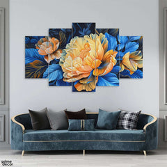 Beautiful Gold & Pink Flower With Blue Exotic Leaves (5 Panel) Floral Wall Art