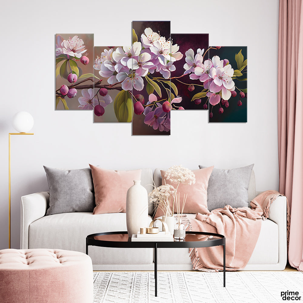 White Lilac Flowers Macro Over Timber Brown Branches (5 Panel) Floral Wall Art - Prime Décor
