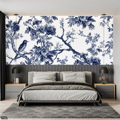 Indigo Blue Vintage Flowers & Perched Bird | Toile Floral Wallpaper Mural