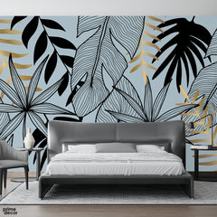 Beautiful Black & Gold Leaves Line Artwork | Floral Wallpaper Mural