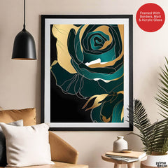 Gold & Green Floral Art Over Black Background | Abstract Floral Artwork #00245 - Prime Décor