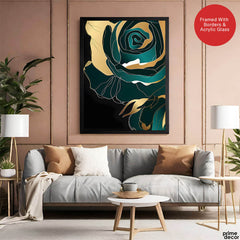 Gold & Green Floral Art Over Black Background | Abstract Floral Artwork #00245 - Prime Décor