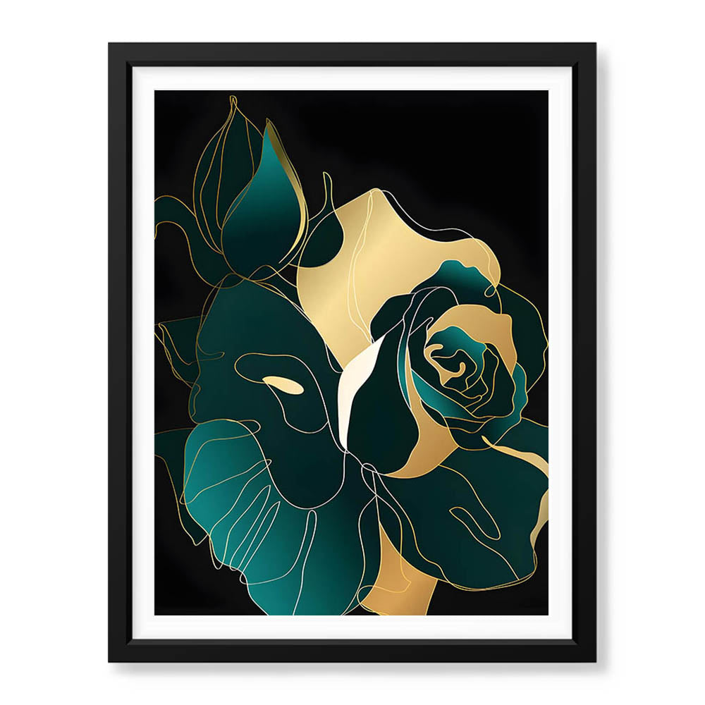 Gold & Green Floral Art Over Black Background | Abstract Floral Artwork #00246 - Prime Décor