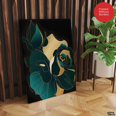 Gold & Green Floral Art Over Black Background | Abstract Floral Artwork #00246 - Prime Décor