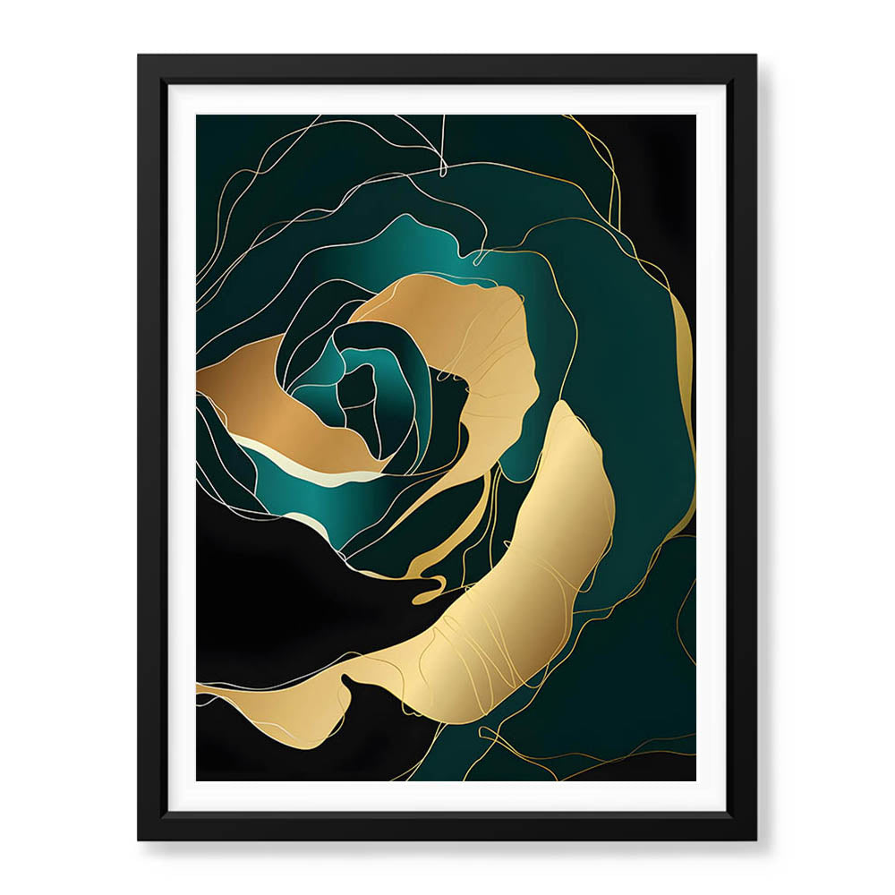 Gold & Green Floral Art Over Black Background | Abstract Floral Artwork #00247 - Prime Décor