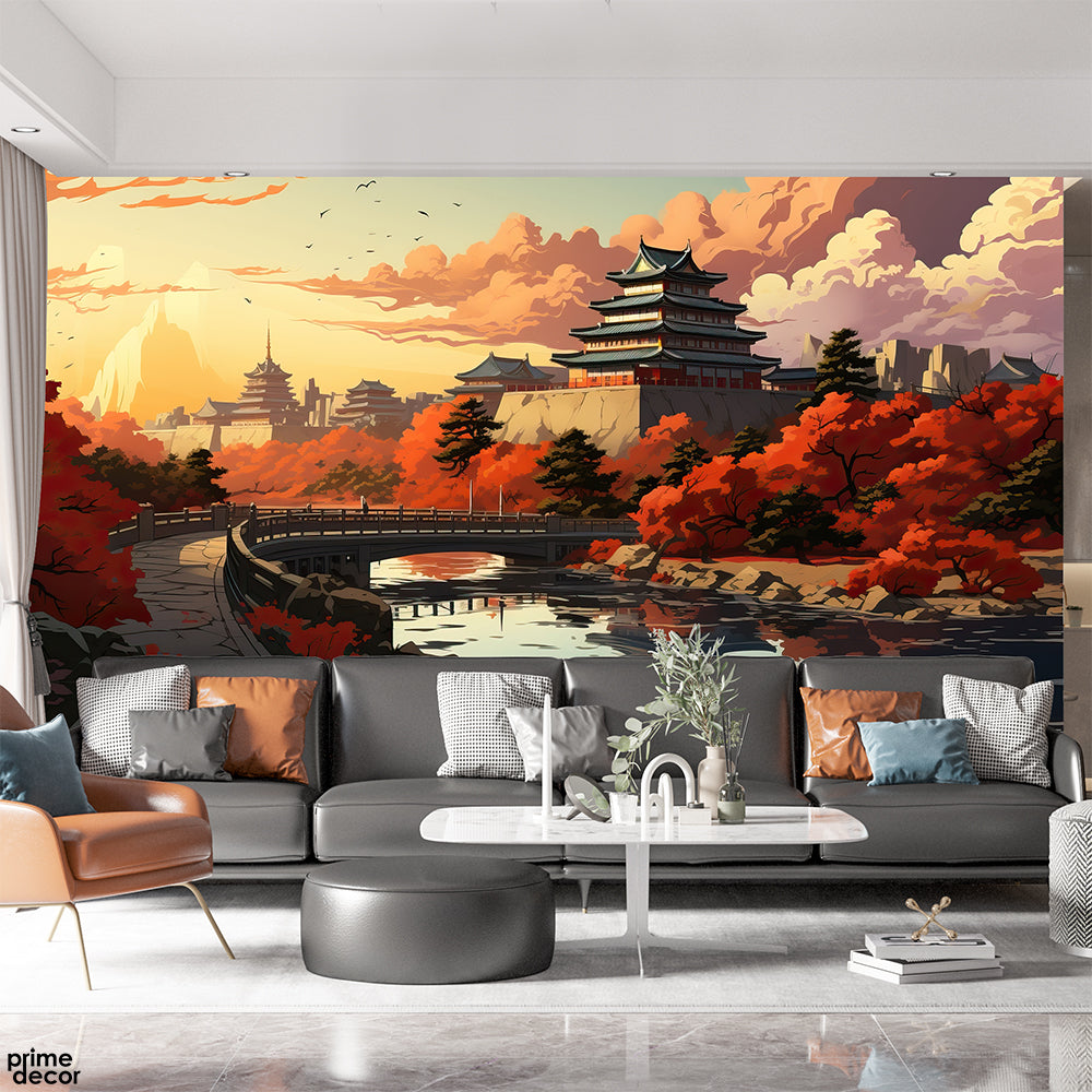Japanese Pagoda With River Flowing | Nature Wallpaper Mural - Prime Décor